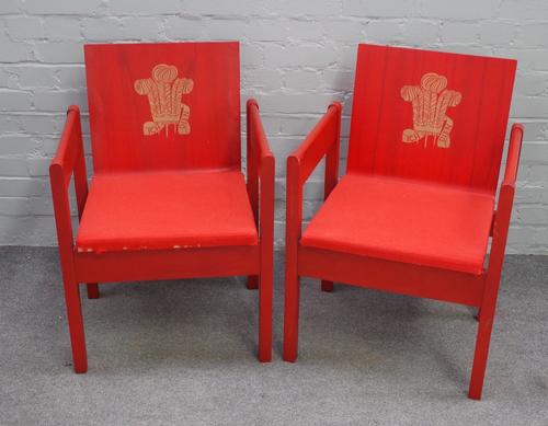 Two Prince of Wales Investiture chairs, Caernarfon Castle 1969, 54cm wide x 78cm high.