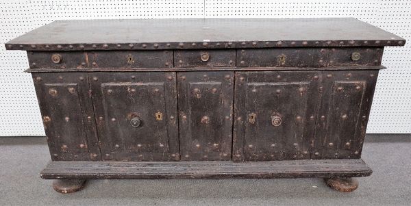 A large 18th century Italian polychrome painted side cabinet, with five drawers over a pair of cupboards, on bun feet, 271cm wide x 101cm high.