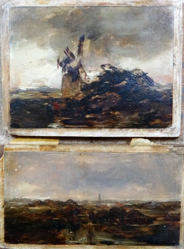 Attributed to John Faed (1818-1902), Landscape sketches, two, oil on card, bear inscription on backboard, the larger 8cm x 10.5cm.(2).  CAB