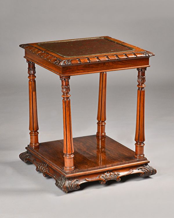 A William IV rosewood centre table, the square marble inset top with gadrooned border on four lappet carved columns united by platform undertier on sc