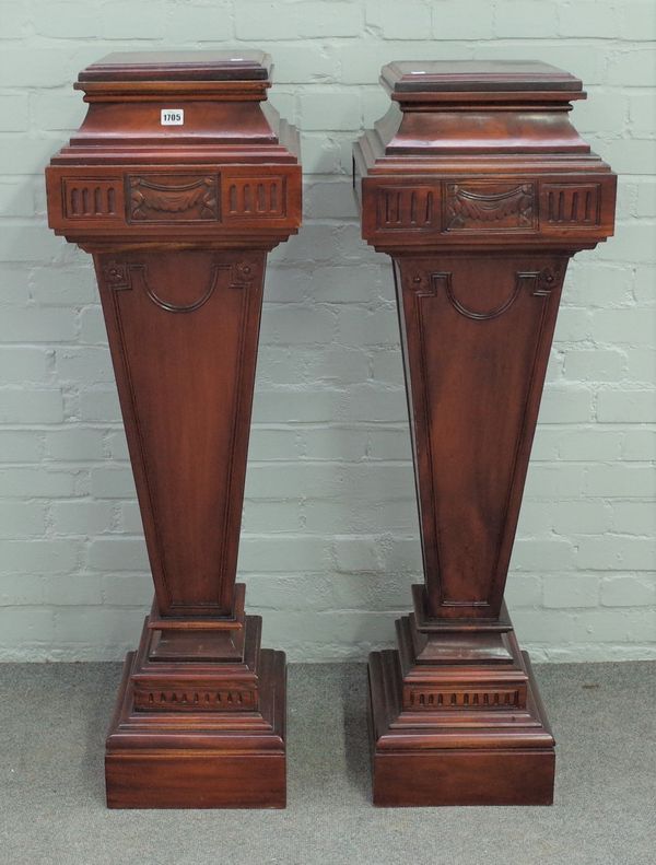 A pair of Adam revival hardwood jardiniere stands, of stepped square form, 36cm wide x 120cm high.