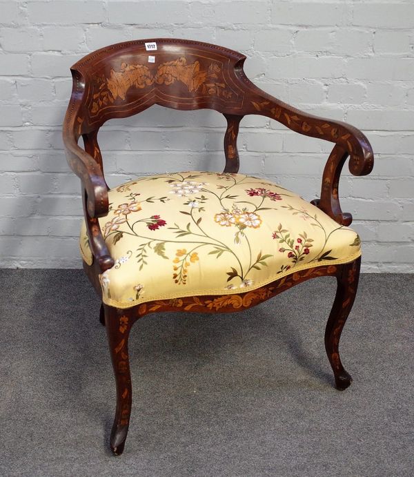 A 19th century Dutch marquetry inlaid tub back open armchair on cabriole supports, 61cm wide x 81cm high.