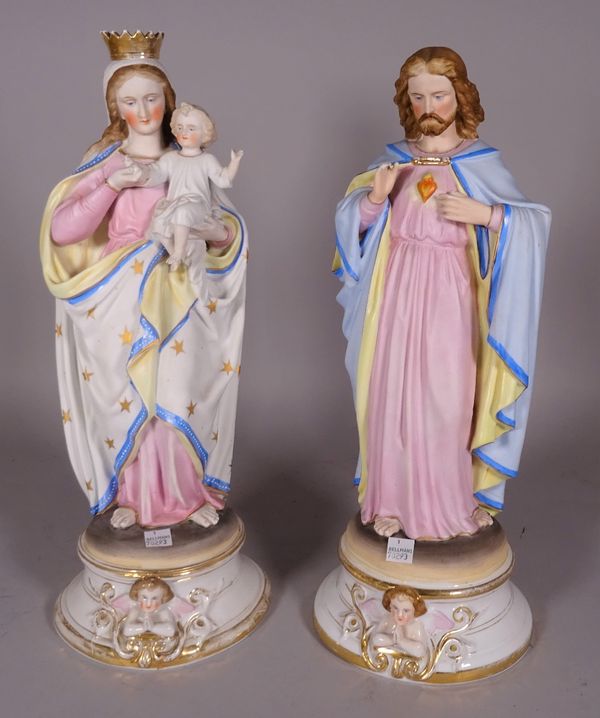 Ceramics, two 20th century painted bisque figures of Joseph and Mary, each 43cm high, (a.f.) (2).  CAB