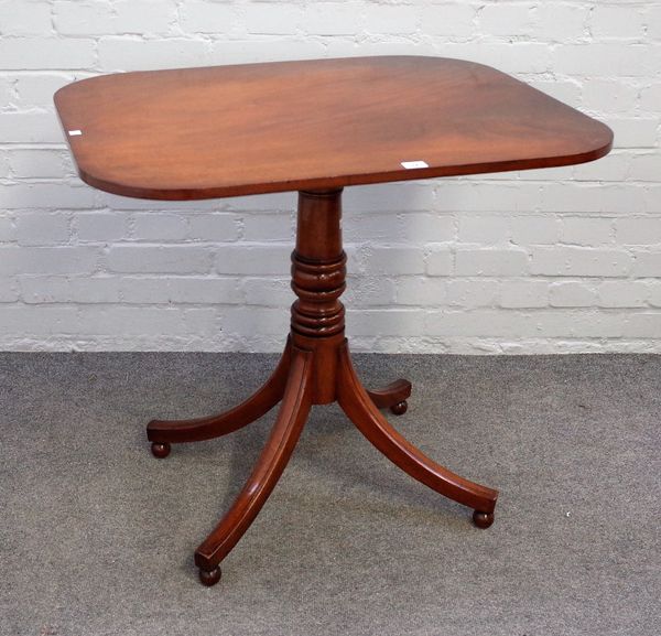 A George III mahogany centre table, the rectangular snap top on four downswept supports, 81cm wide x 74cm high.