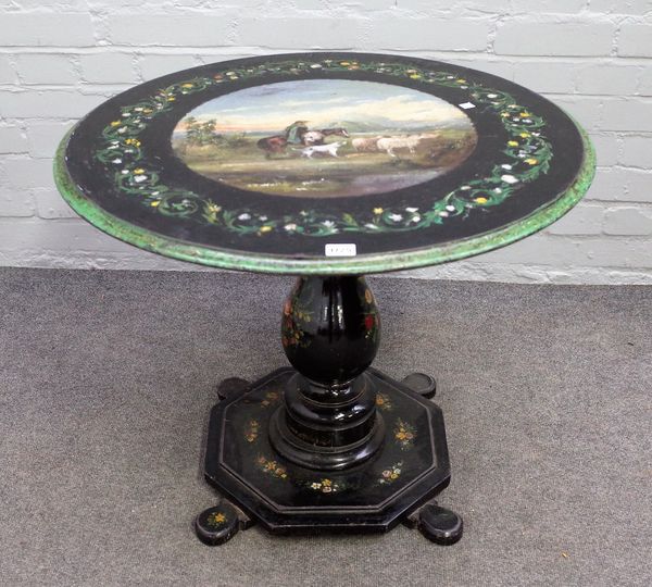 A Victorian occasional table, the painted circular slate top depicting a shepard within a floral border on a baluster floral painted ebonised support,