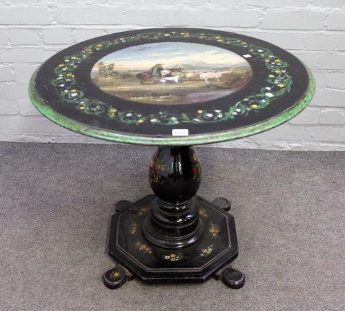 A Victorian occasional table, the painted circular slate top depicting a shepard within a floral border on a baluster floral painted ebonised support,