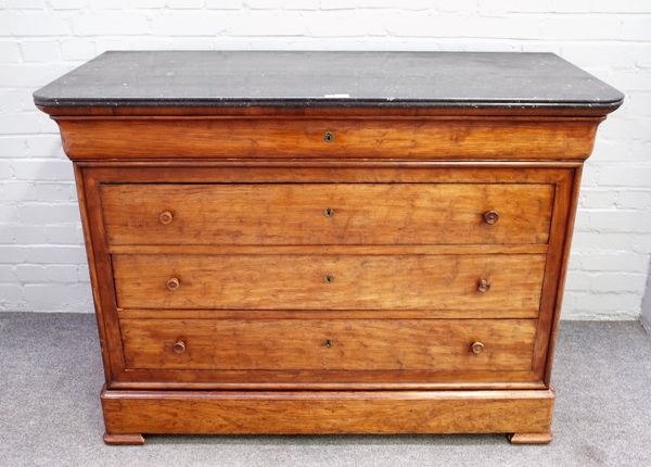 A 19th century French commode, the marble top over a mahogany five drawer base, 130cm wide x 96cm high.