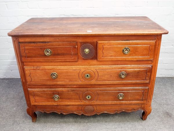 A late 18th century French walnut commode with a pair of short drawers over two long graduated drawers, 116cm wide x 88cm high.