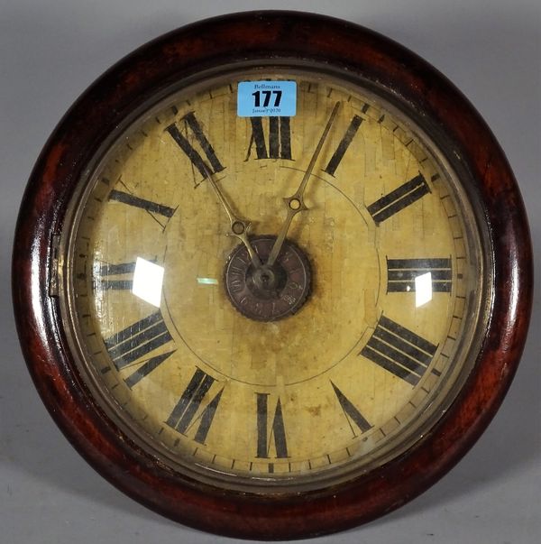 An early 20th century postman's wall clock with stained pine case, 30cm diameter.  C5