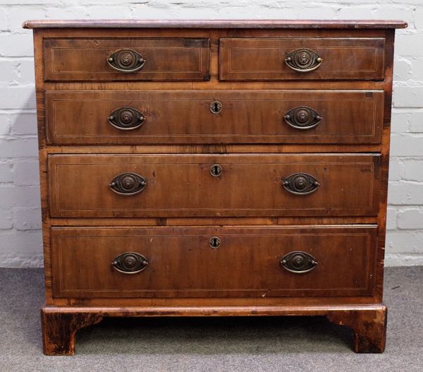 A mid-18th century inlaid walnut chest of two short and three long graduated drawers, on bracket feet, 82cm wide x 76cm high.