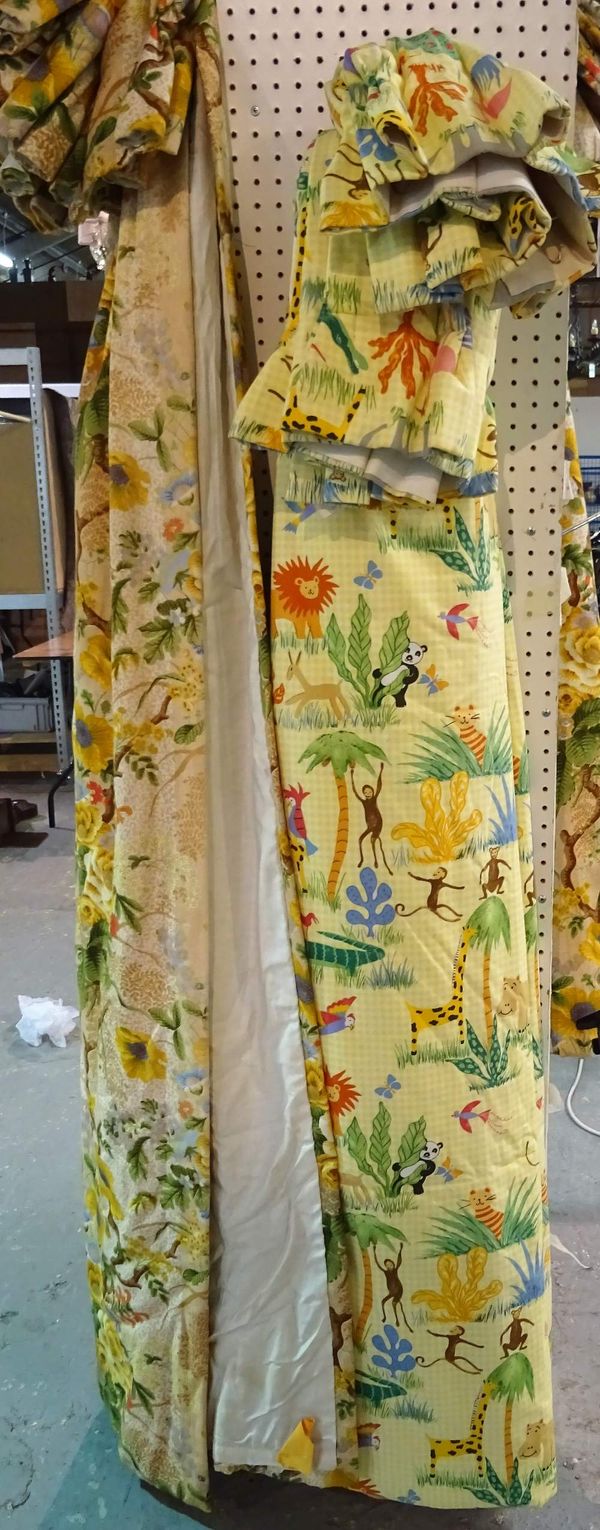 Curtains; a pair of lined and interlined curtains with animal safari pattern, 90cm wide x 220cm drop.  D3