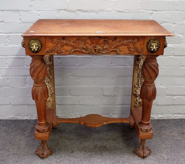 A 19th century and later Continental console table, with shell carved frieze, on baluster supports, 77cm wide x 79cm high.