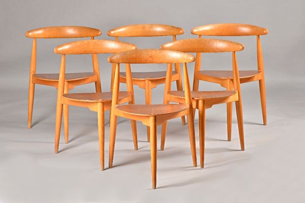 Hans Jorgensen Wegner for Fritz Hansen; a set of six heart shape, model FH4103 teak chairs, 53cm wide x 73cm high, (6). Illustrated.