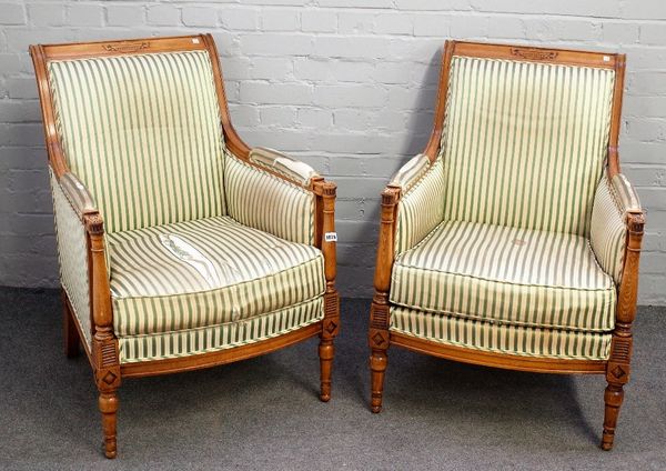 A pair of 19th century French style square back armchairs, on turned supports, 65cm wide x 89cm high.