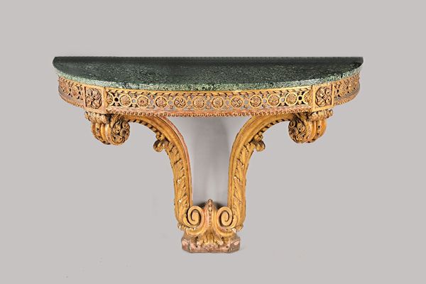 Mille Fabricant Paris, a 19th century console, the 'D' shape marble top on a gilt base with pierced frieze and pair of scroll supports, 123cm wide x 8