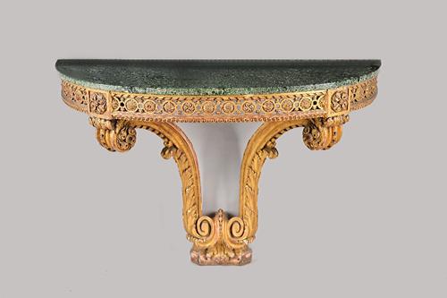 Mille Fabricant Paris, a 19th century console, the 'D' shape marble top on a gilt base with pierced frieze and pair of scroll supports, 123cm wide x 8