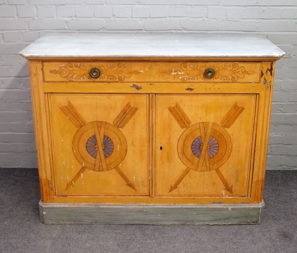 A 19th century North European polychrome painted side cabinet, with single drawer over cupboards, on plinth base, 130cm wide x 98cm high.