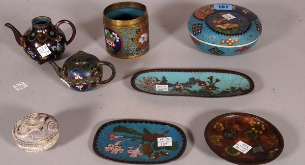 Asian collectables, including; two miniature cloisonné tea pots, three cloisonné dishes and sundry, (qty).  CAB