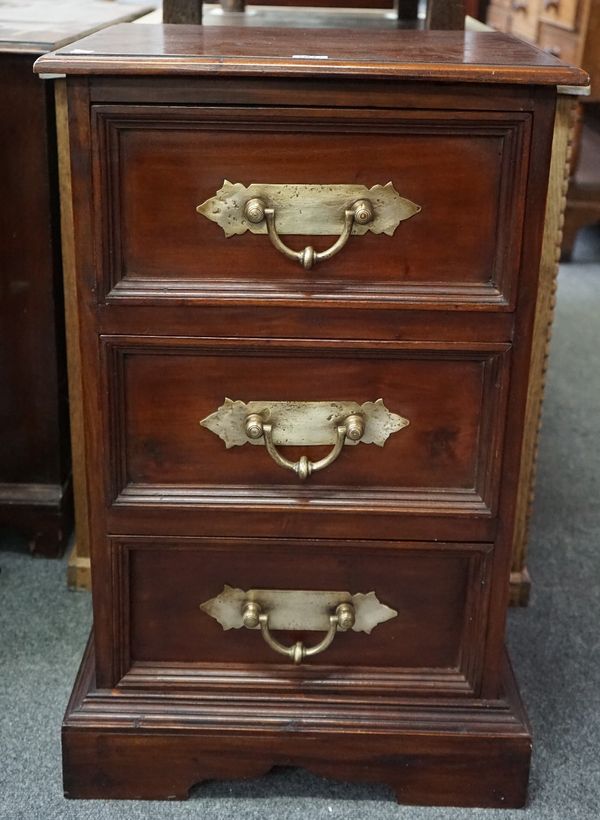 A pair of 20th century hardwood three drawer bedside tables, on shaped plinth base, 51cm wide x 80cm high.