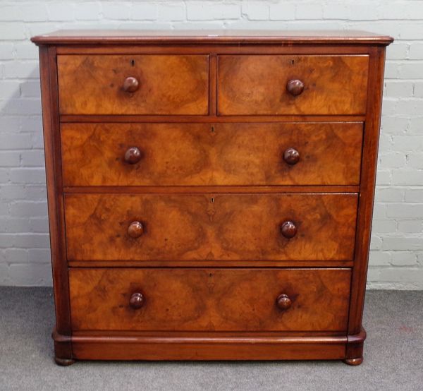 A Victorian figured walnut chest of two short and three long graduated drawers, on plinth base, 120cm wide x 120cm high.