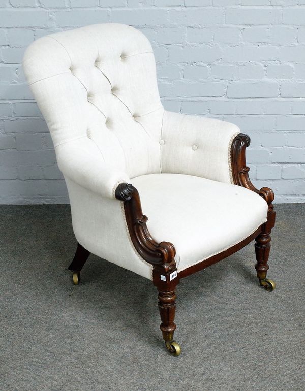 A William IV rosewood framed easy armchair, with bow seat, on lappet carved supports, 68cm wide x 91cm high.