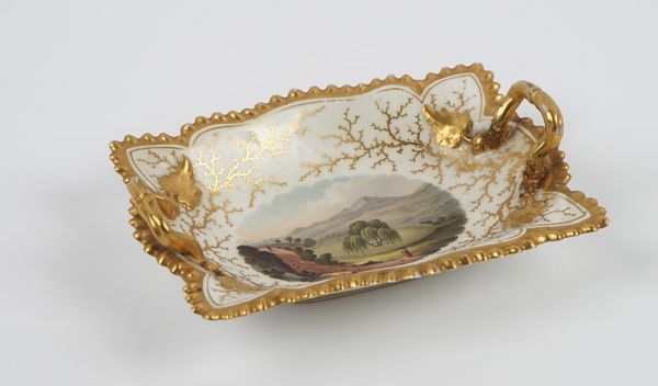 A Flight, Barr and Barr, Worcester, small two-handled shaped square dish, circa 1820, painted with a named view, Tomb of Napoleon, St. Helena, against