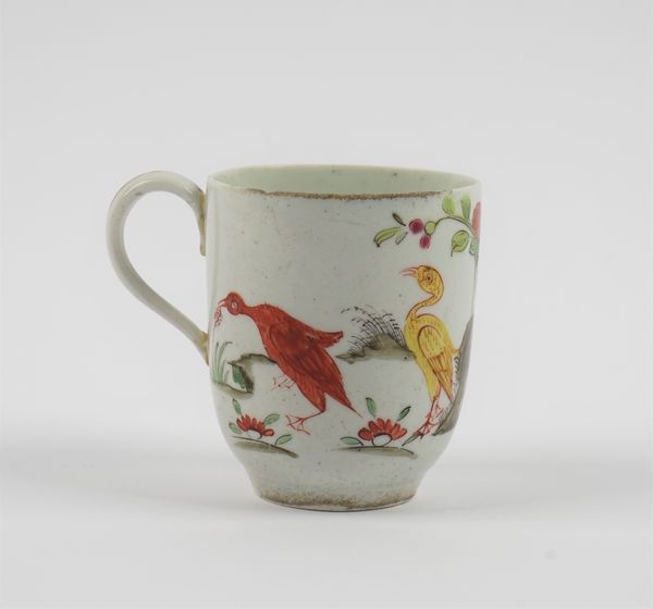 A Longton Hall coffee cup, circa 1757-60, brightly painted with the `Goose' pattern with two birds beside rocks and flowering branches, (a.f.), 6.5cm.