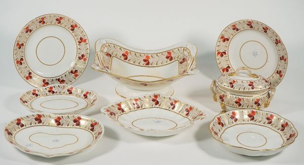 A Derby porcelain part dessert service, circa 1820, painted with a border of iron-red and gilt leaves, comprising; a pair of sauce tureens, covers and