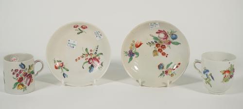 A Doccia porcelain coffee can, coffee cup and two saucers, circa 1770, each  brightly painted with flower sprays, (a.f), (4).