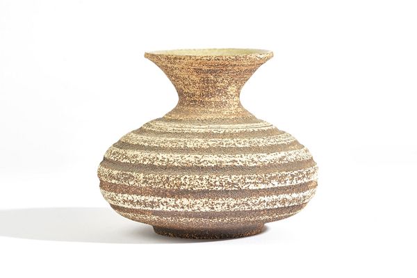 Waistel Cooper ( 1921-2003), a small stoneware vase, compressed globular form with everted rim, decorated with horizontal ribbing, signed, 13.5cm. hig