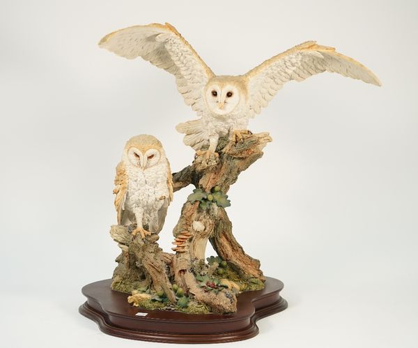 A Country Artists sculpture, limited edition, 82/150, designed by Barry Price, 'Endless days' modelled as two owls atop a naturalistic setting, 50cm.