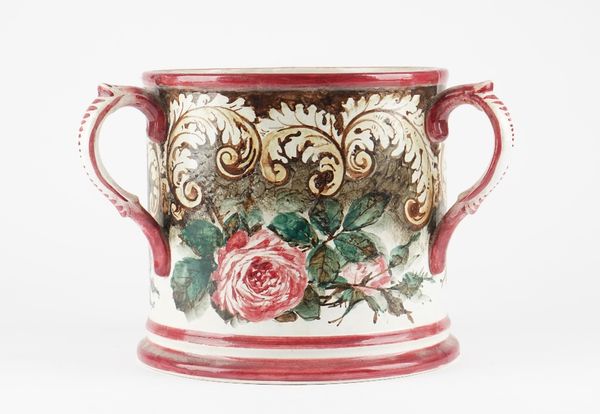 A large Wemyss three-handled loving cup ( tyg), early 20th century, painted with pink roses beneath brown leafy scrolls, puce painted WEMYSS, (a.f), 2