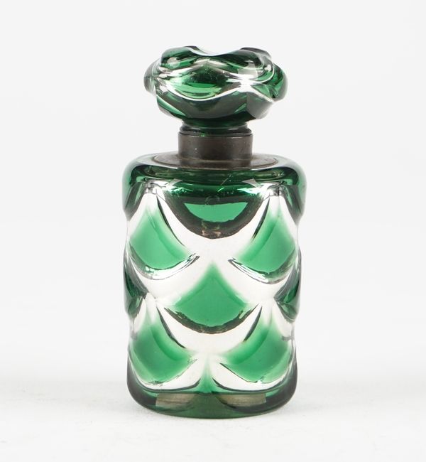 A Varnish & Co green chromium decorated glass cylindrical scent bottle and stopper, mid 19th century, with silver plated collar, inset disc stamped Va