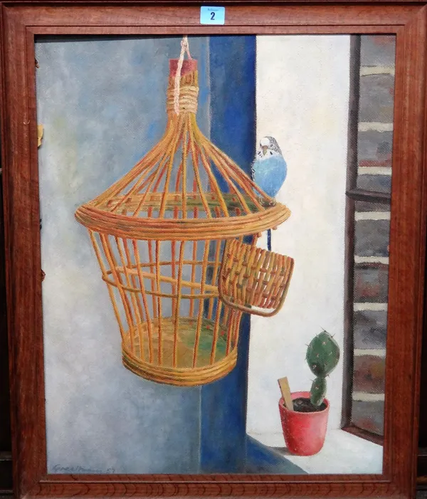 Greenham (20th century), Still life with cacti, bird cage and budgerigar. oil on board, signed and dated '57, 60cm x 47cm. A1