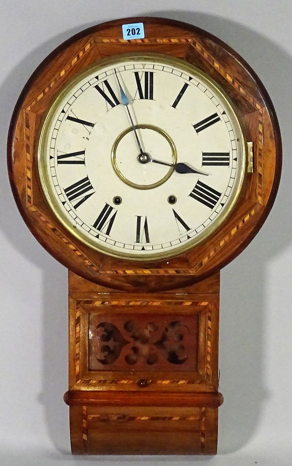 An Edwardian inlaid mahogany drop dial wall clock, 46cm wide x 72cm high.  C5