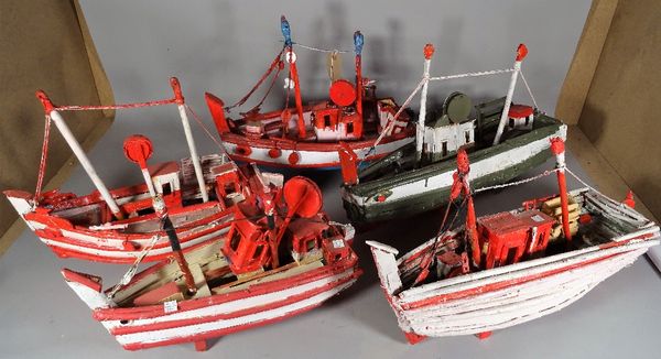 A group of nine 20th century scratch built and painted boats of various sizes, the largest 53cm wide, (9).  S5T