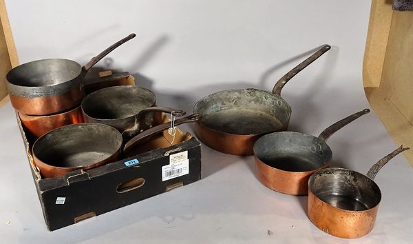 A quantity of 19th century copper pots and pans, (qty).  S2T