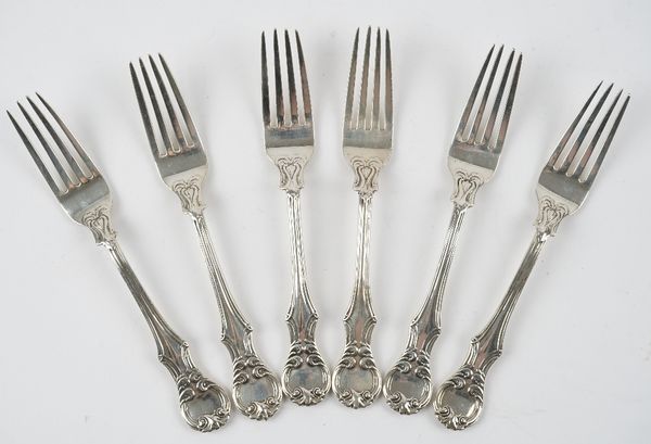 A set of six Victorian silver double struck dessert forks, engraved with the initial B to the underside, London 1841, weight 392 gms, (6).