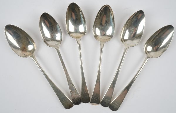 Silver table flatware, comprising; a pair of Old English pattern tablespoons, Exeter probably 1806 and four further Old English pattern tablespoons, v