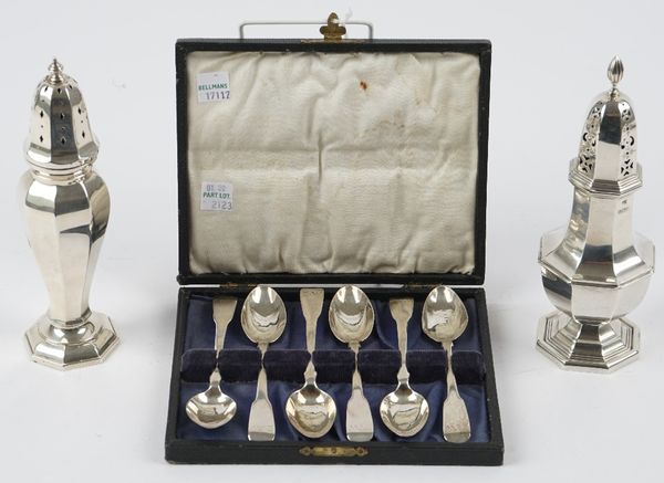 Silver, comprising; an octagonal sugar caster, Birmingham 1912, an octagonal tapered caster, Birmingham 1929 and a set of six fiddle pattern teaspoons