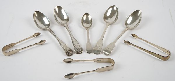 Silver table flatware, comprising; a pair of George III tablespoons, London 1813, two fiddle pattern tablespoons, a fiddle pattern dessert spoon and t