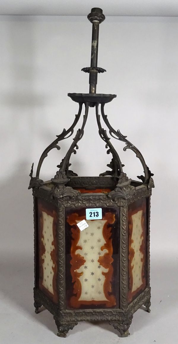 An early 20th century metal and glass octagonal hanging ceiling light, 65cm high.  D5