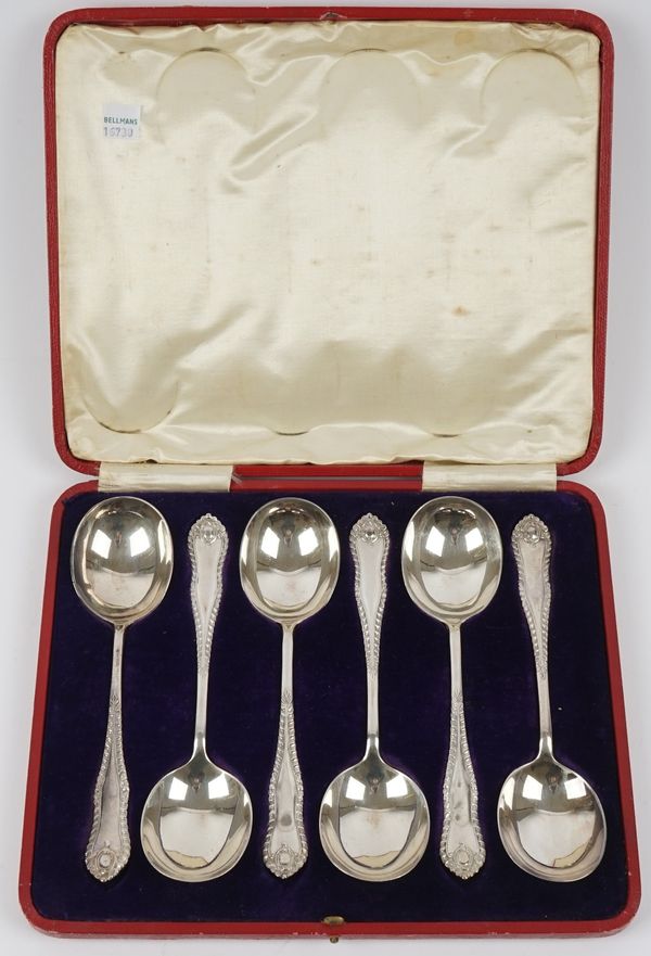 A set of six silver soup spoons, Sheffield 1903, cased, weight 351 gms.