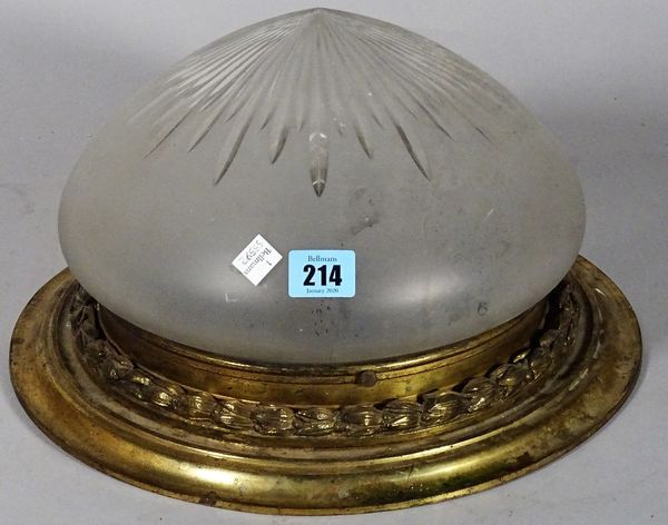 An early 20th century brass and frosted glass ceiling light, 30cm wide.   S5B