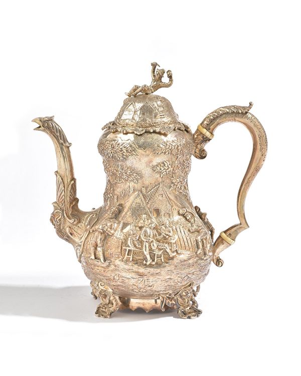 A Victorian silver coffee pot, of baluster form, the body and the hinged lid decorated with Dutch style figures and cottages in a landscape in the Ten