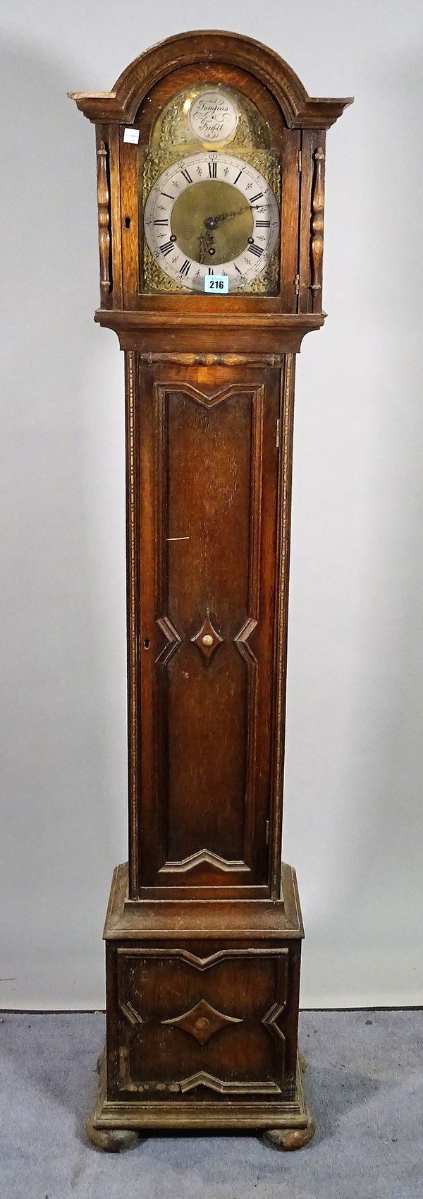 Tempus Fugit; a 20th century oak cased eight day longcase clock, 31cm wide x 180cm high.  C1