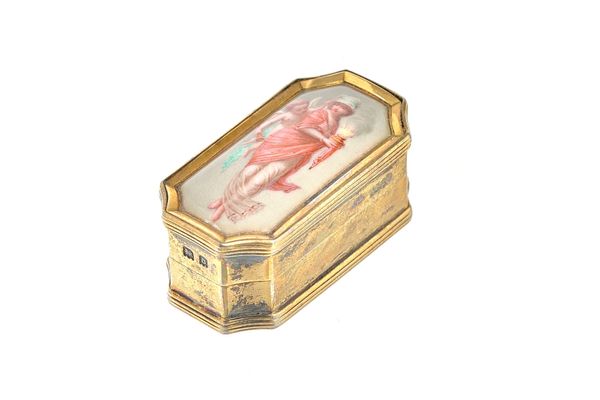 A silver gilt and enamelled cut cornered rectangular hinge lidded box, the lid enamelled with a classical figure of a standing lady with a cherub, Lon