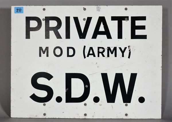 'Private M.O.D' a mid-20th century metal army base sign, 52cm wide.   S5B