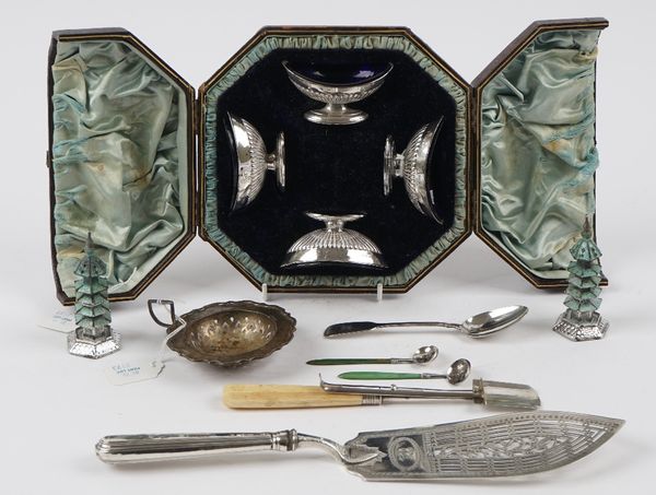 Silver and silver mounted wares, comprising; a set of four Victorian boat shaped salts, with partly fluted decoration, London 1884, with a fitted case