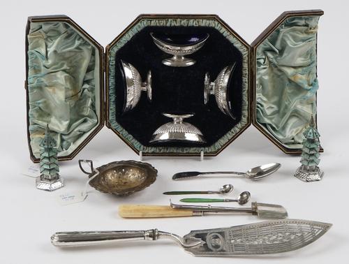 Silver and silver mounted wares, comprising; a set of four Victorian boat shaped salts, with partly fluted decoration, London 1884, with a fitted case